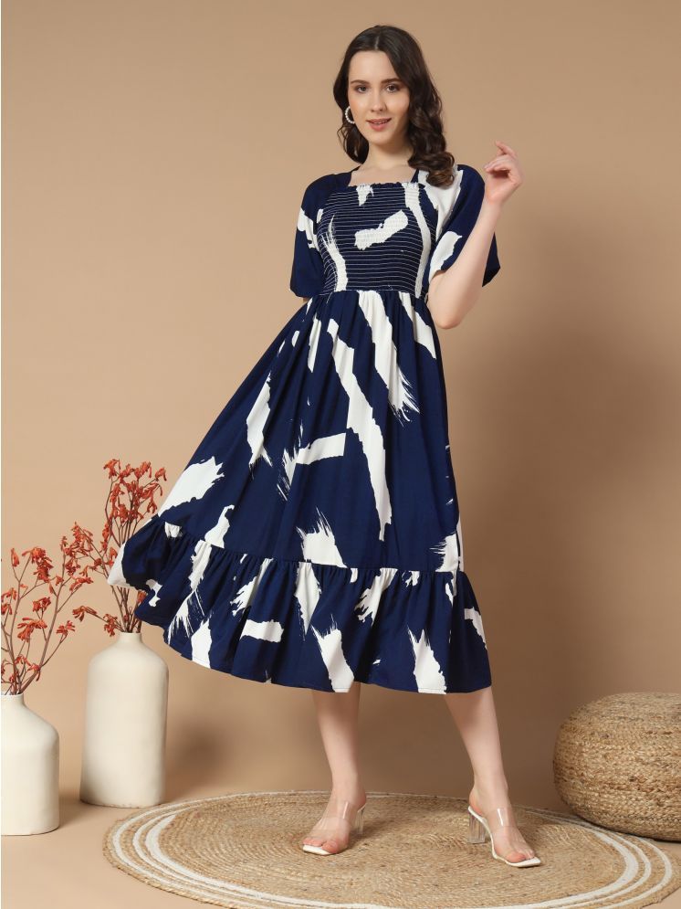     			Femvy Polyester Printed Midi Women's Fit & Flare Dress - Navy ( Pack of 1 )