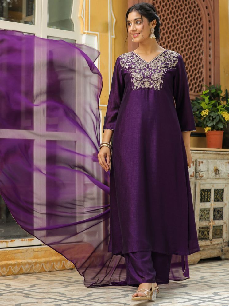     			Janasya Silk Blend Embroidered Kurti With Palazzo Women's Stitched Salwar Suit - Purple ( Pack of 1 )