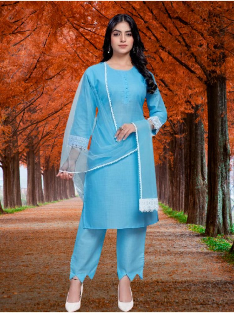     			RUTSH CREATION Cotton Solid Kurti With Pants Women's Stitched Salwar Suit - Blue ( Pack of 1 )