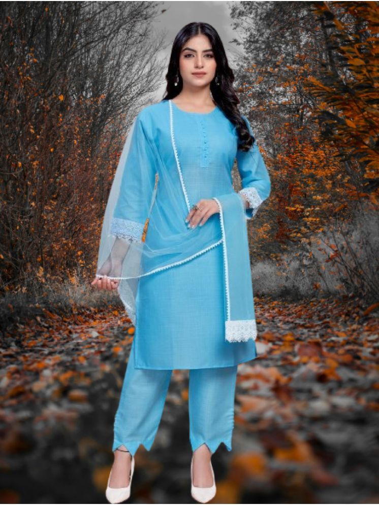     			RUTSH CREATION Cotton Solid Kurti With Pants Women's Stitched Salwar Suit - Blue ( Pack of 1 )