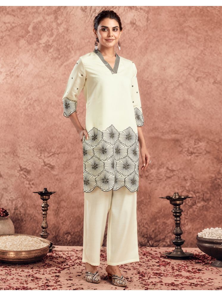     			Selvia Cream Embroidered Pant Top Set