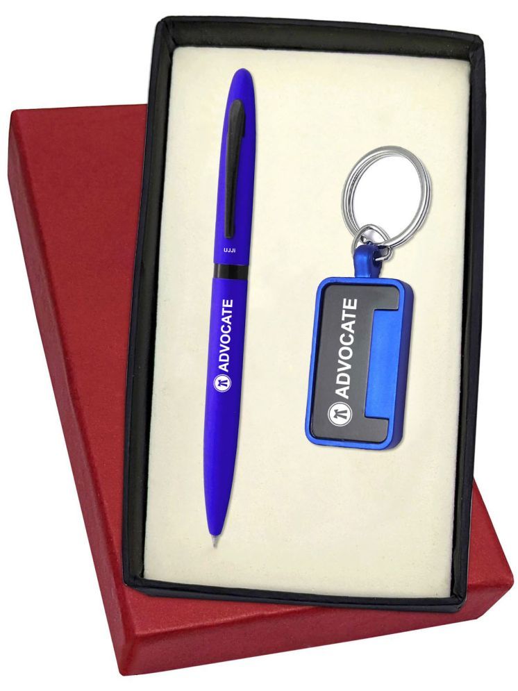     			UJJi Advocate Logo Engraved Metal Keychaind with Matte Blue Twist Mechanism Pen Gift Set