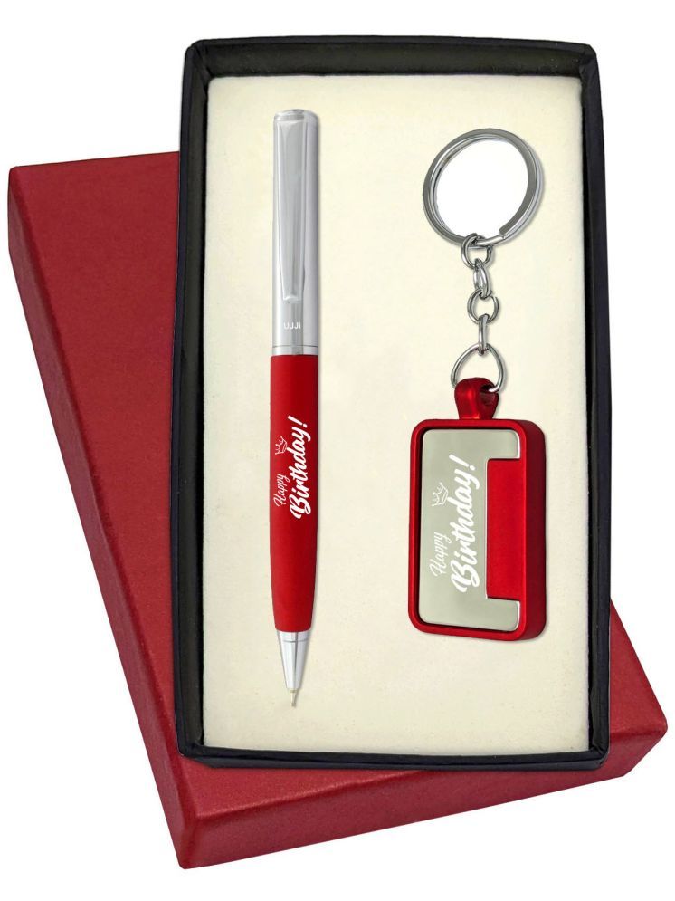     			UJJi Birthday Gift with Half Chrome Plated Red Body Pen with Keychain Pen Gift Set