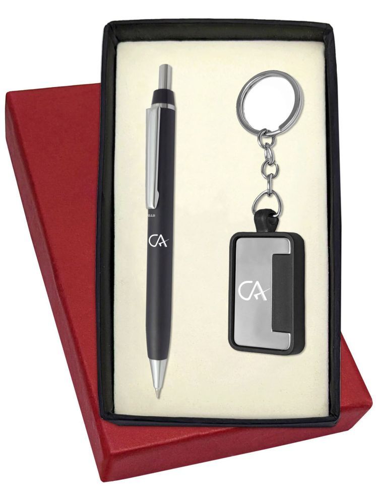     			UJJi CA Logo Engraved Click Mechanism Black Pen with Chrome Part Pen Gift Set