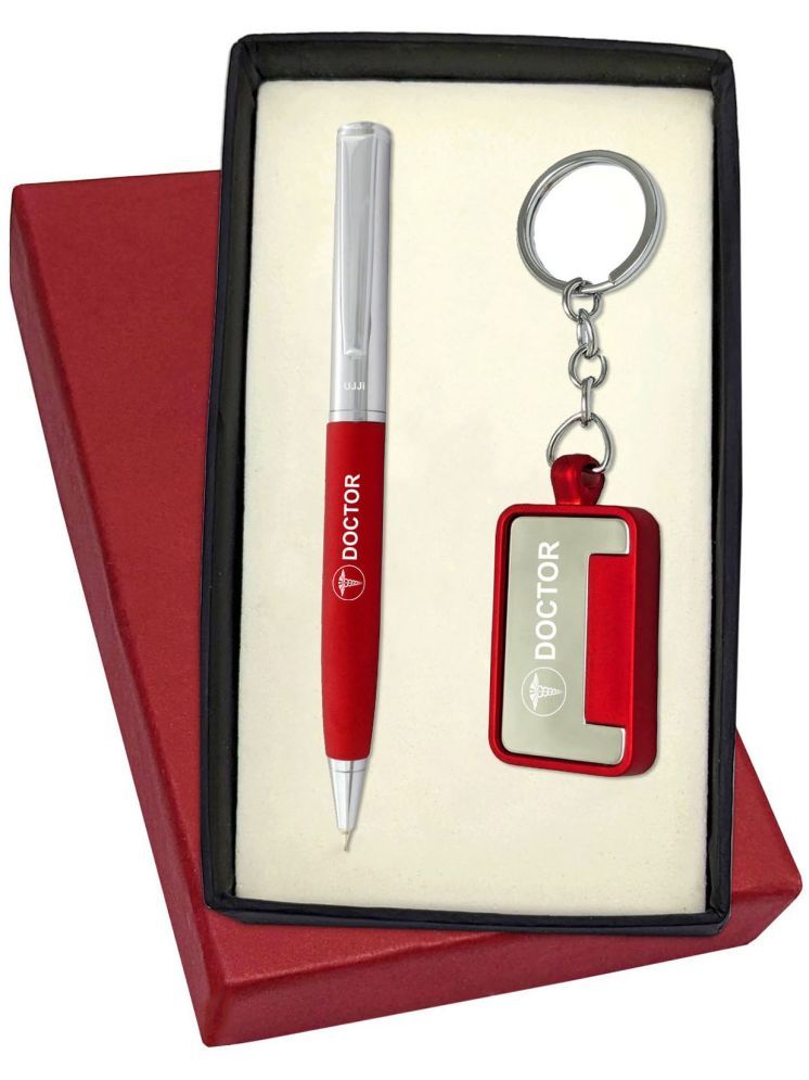     			UJJi Doctor Logo Half Chrome Plated Red Body Pen with Keychain Pen Gift Set