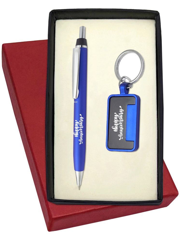     			UJJi Happy Anniversary Logo Engraved Click Mechanism Blue Pen with Chrome Part Pen Gift Set