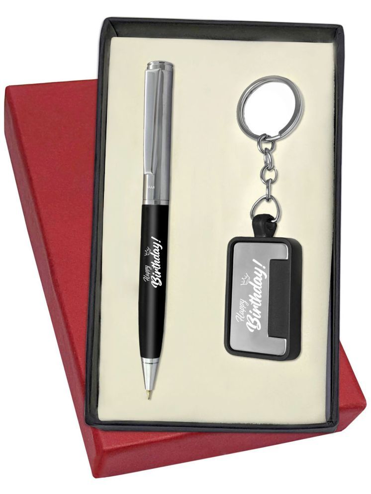     			UJJi Happy Birthday Logo Half Chrome Plated Black Body Pen with Keychain Pen Gift Set