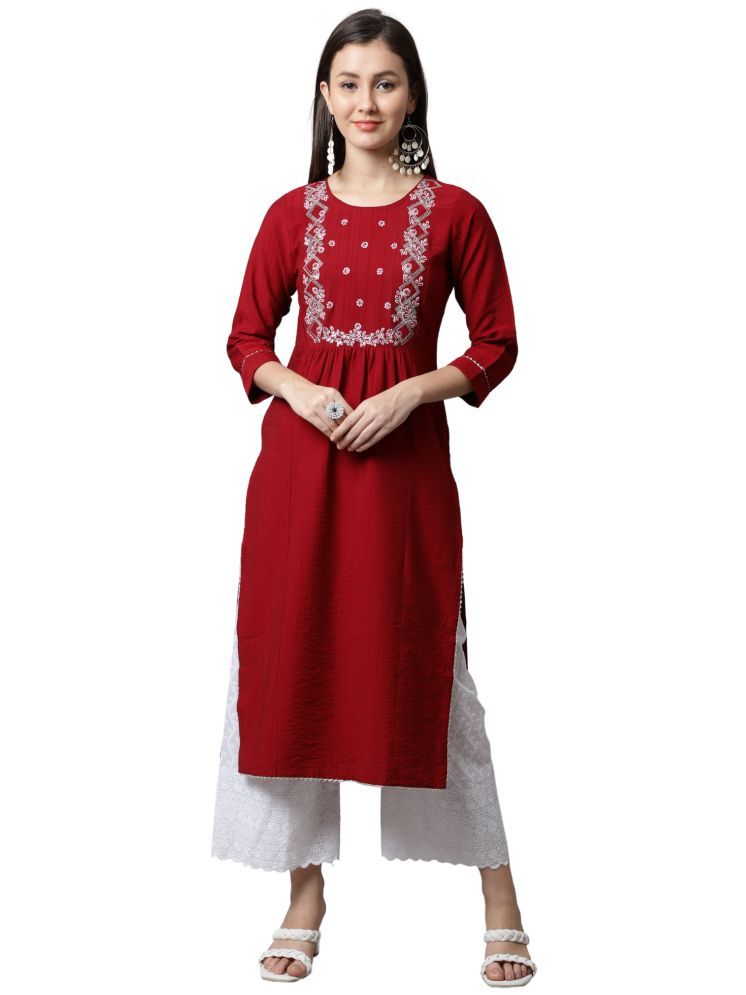     			wonder weave Pack of 1 Cotton Embroidered Straight Women's Kurti - ( Maroon )