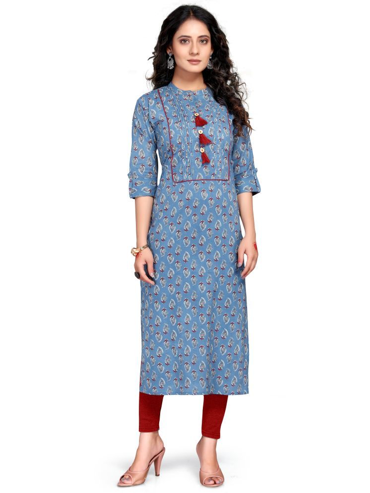     			wonder weave Pack of 1 Cotton Printed Straight Women's Kurti - ( Blue )