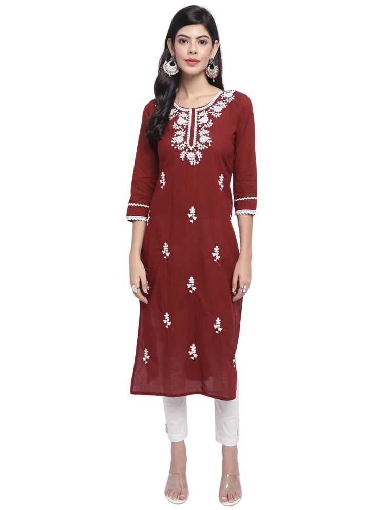     			wonder weave Pack of 1 Cotton Embroidered Straight Women's Kurti - ( Maroon )