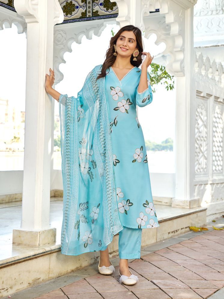     			VIBE VISION Cotton Blend Printed Kurti With Pants Women's Stitched Salwar Suit - Blue ( Pack of 1 )