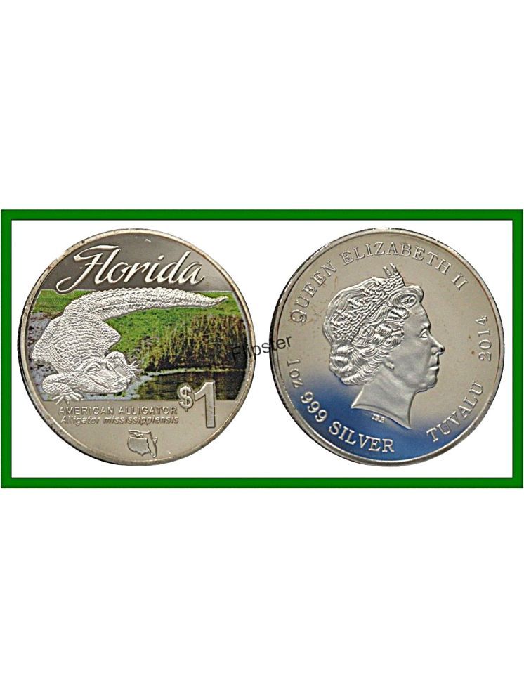     			Extremely Rare 1 Dollar 2014 American Alligator - Queen Elizabeth II, Tuvalu old Silver-plated Coin For Collection