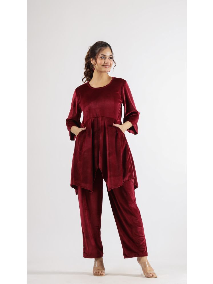     			Label Flavia Maroon Solid Pant Top Set