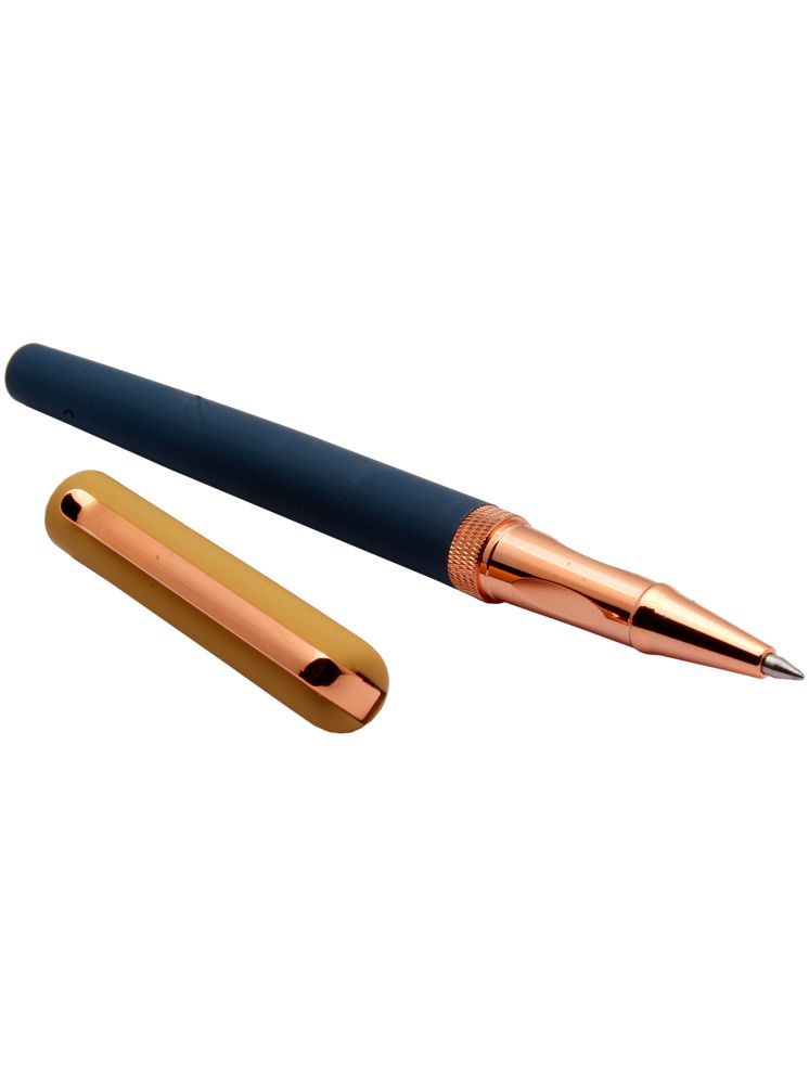     			Luoshi 3767 Yellow Blue Velvet Finish Metal Body Roller Ball Pen Rose Gold Trims