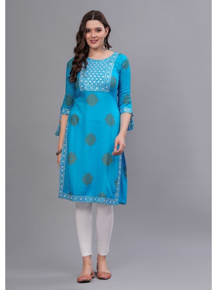     			MAUKA Pack of 1 Rayon Embellished Straight Women's Kurti - ( Blue )