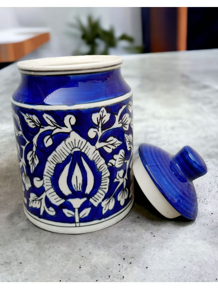     			Malaikah Blue Pickle Jar Ceramic Dark Blue Pickle Container ( Set of 1 )