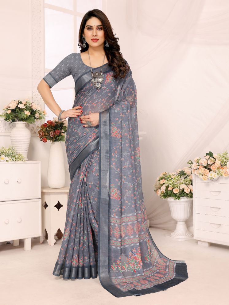     			NightBlue Pack of 1 Linen Printed Saree With Blouse Piece ( Grey )