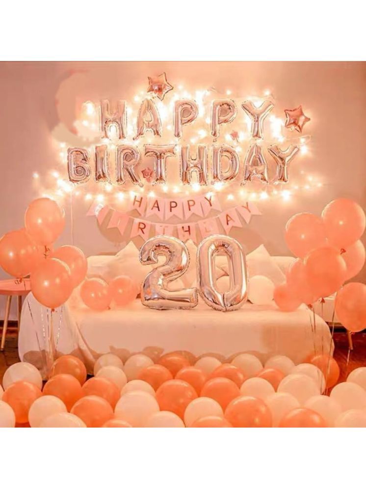     			PartyBooms Happy Birthday Silver Foil Decoration, 1 White Birthday Decoration Item, 20 Number Silver Balloon, 2 Rosegold Star Foil Balloons & 20 White, RoseGold (Each) Balloon (Pack Of 46)