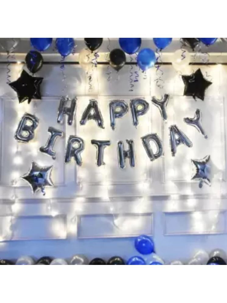     			PartyBooms Happy Birthday Silver Foil Decoration Item, 2 Star Black Foil & 2 Silver Star, 15 Black, SIlver, Blue (Each) Balloon (Pack Of 50)