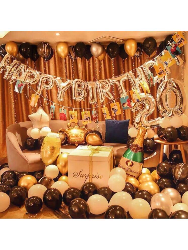     			PartyBooms Happy Birthday Silver Foil Decoration Item, 1 Crown Gold, 20 Silver Number Foil & 1 White Star, 1 Champange & 1 Glass 15 Black, Gold, White (Each) Balloon (Pack Of 52)