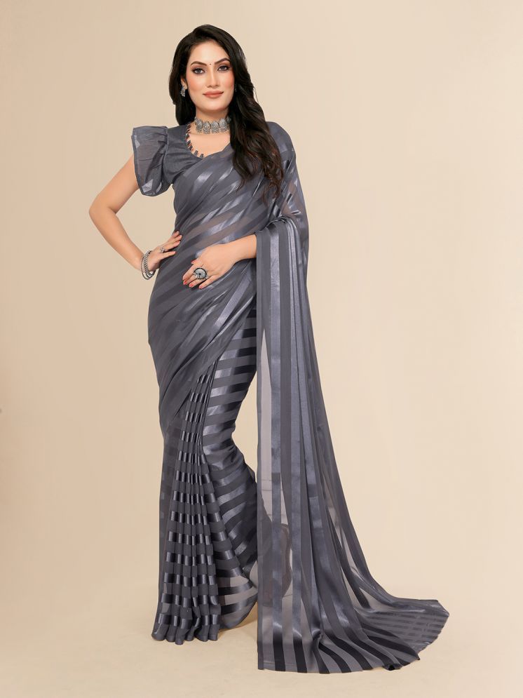     			ANAND SAREES Pack of 1 Satin Striped Saree With Blouse Piece ( Grey )