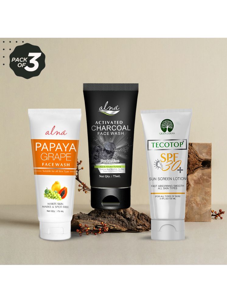     			Alna Papaya Grape Face Wash with Charcoal Face Wash 75ml Each & Tecotop SPF 30+ 100ml , Pack of 3