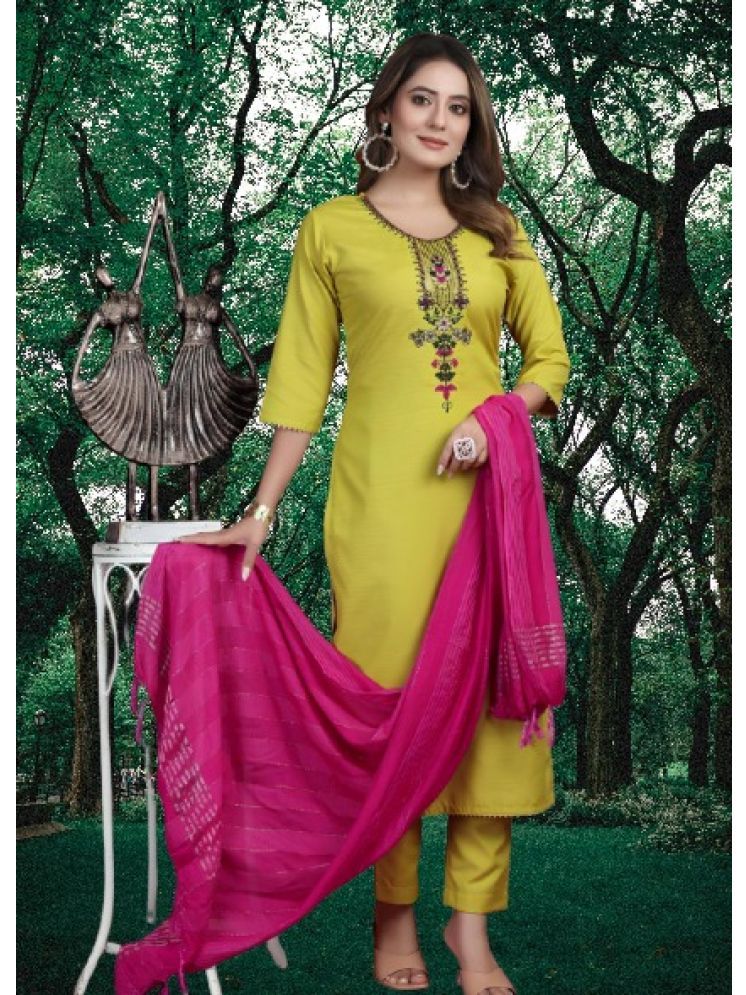     			RUTSH CREATION Cotton Embroidered Kurti With Pants Women's Stitched Salwar Suit - Lime Green ( Pack of 1 )