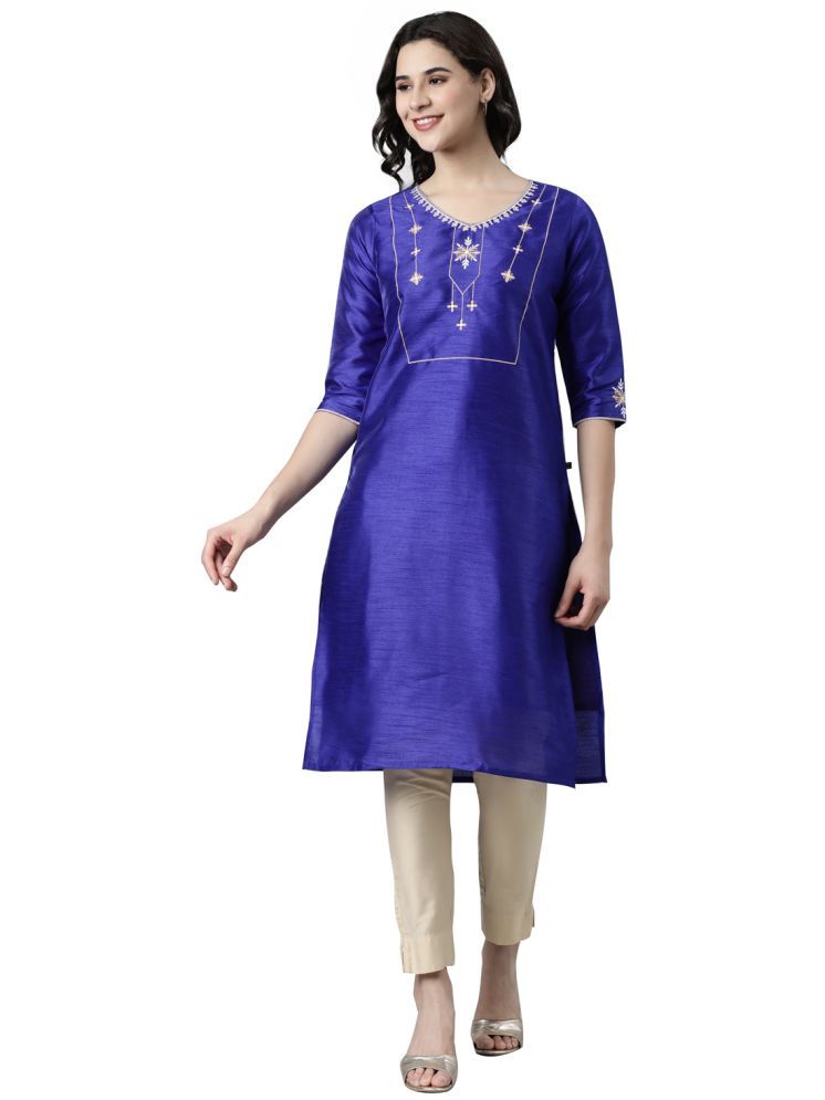     			Samhitas Pack of 1 Silk Embroidered Straight Women's Kurti - ( Blue )