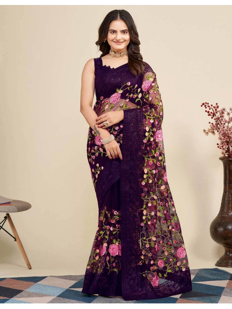     			Apnisha Pack of 1 Net Embroidered Saree With Blouse Piece ( Wine )