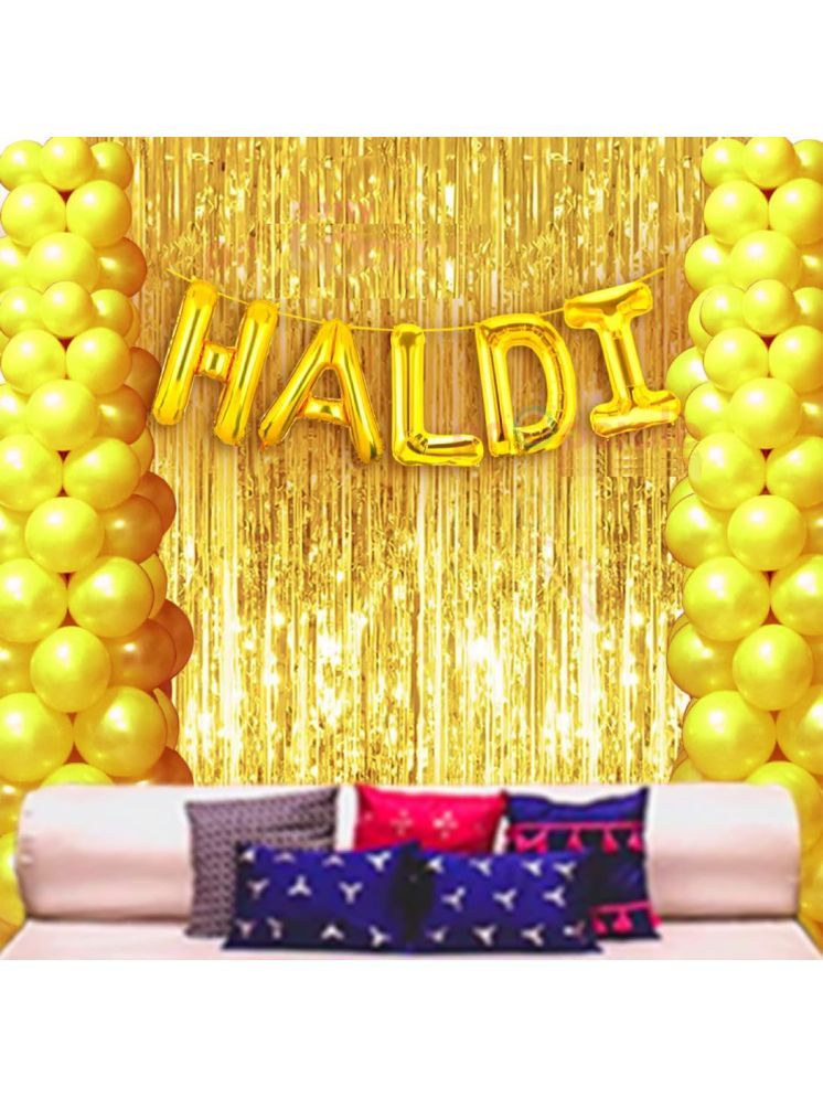     			PartyBooms Haldi Foil Decoration item, 2 Gold Curtains, 50 pcs Yellow Balloons Ceremony Decoration Combo (Pack of 53)