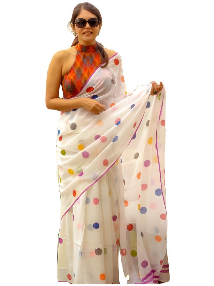     			Sidhidata Pack of 1 Cotton Blend Printed Saree With Blouse Piece ( White )