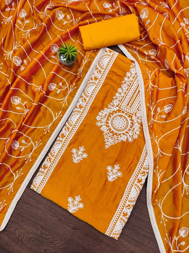     			Apnisha Unstitched Silk Embroidered Dress Material - Orange ( Pack of 1 )