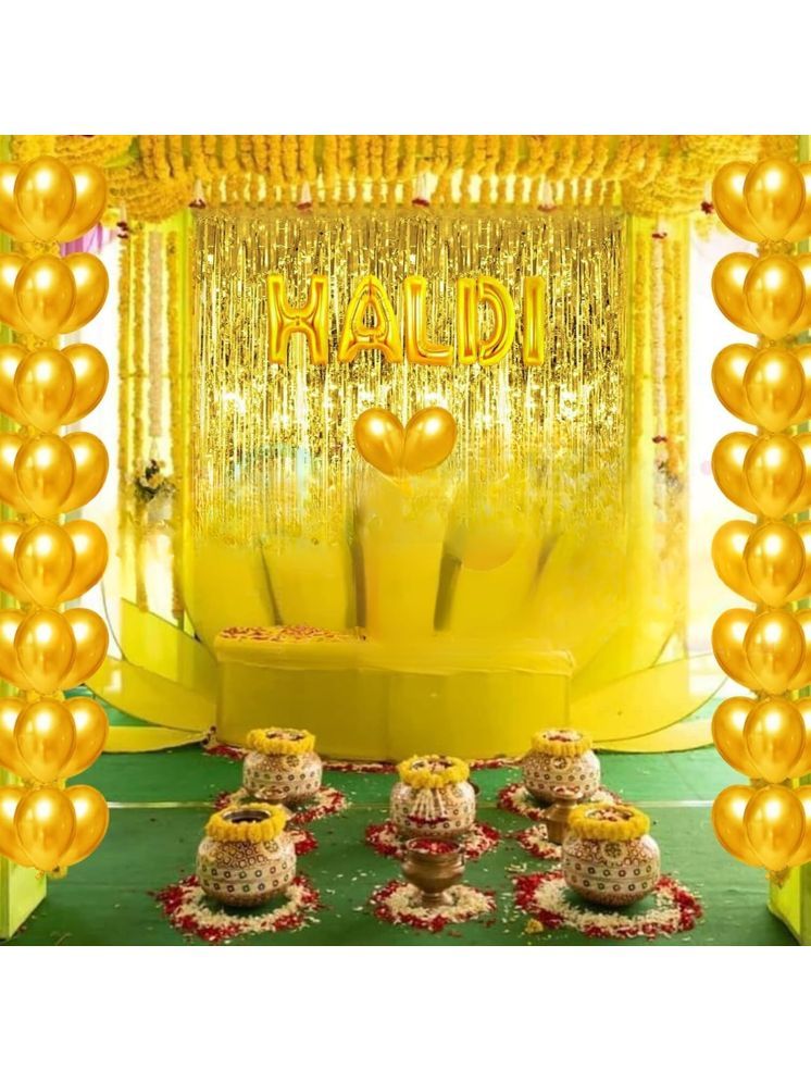     			PartyBooms Haldi Foil Decoration Item, 2 Gold Curtians, 50 pcs Gold Metalic Balloons - Pack of 53