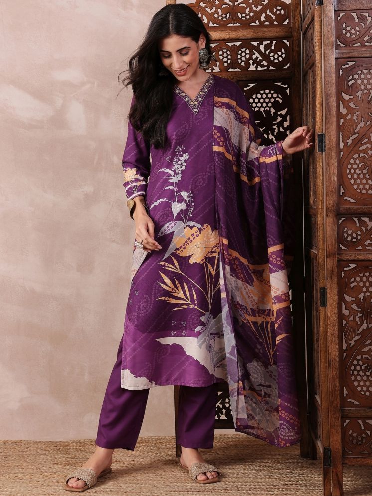     			Vaamsi Silk Blend Printed Kurti With Pants Women's Stitched Salwar Suit - Purple ( Pack of 1 )