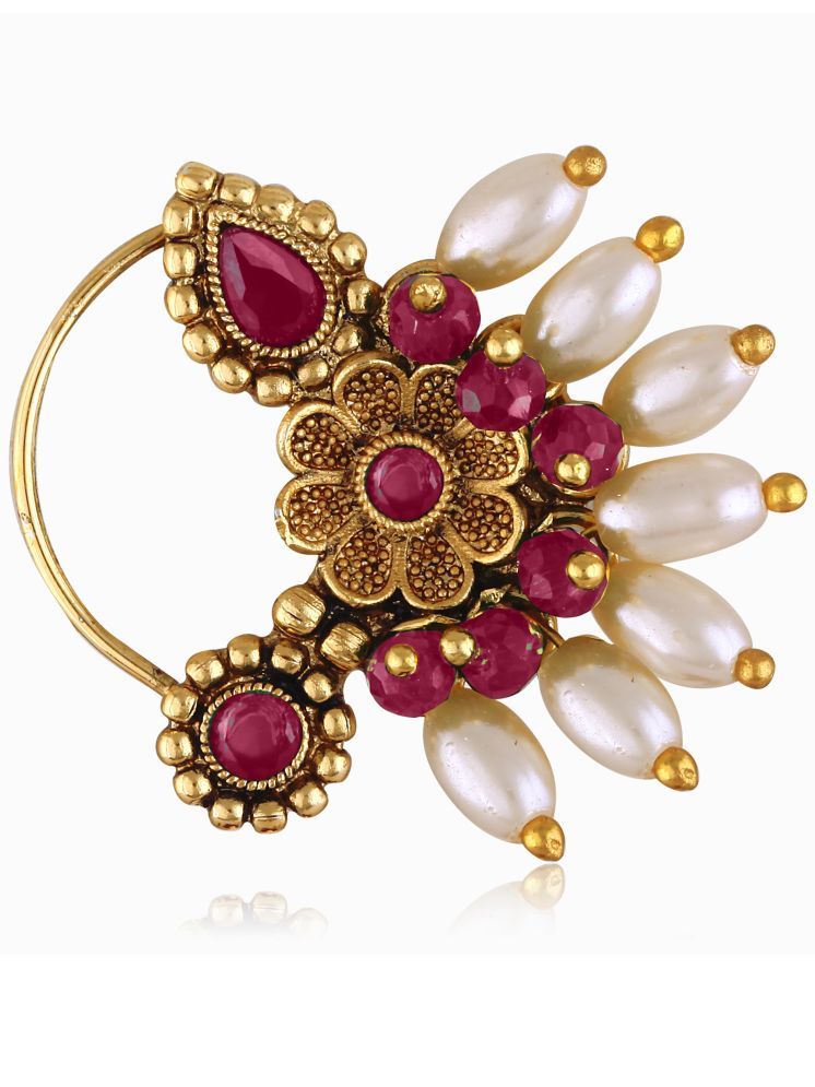     			Vivastri's Premium Semicircle Shaped Gold Plated Alloy Made Red Coloured With RICE Pearl Beaded Nath -VIVA1296NTH-PRESS-RED