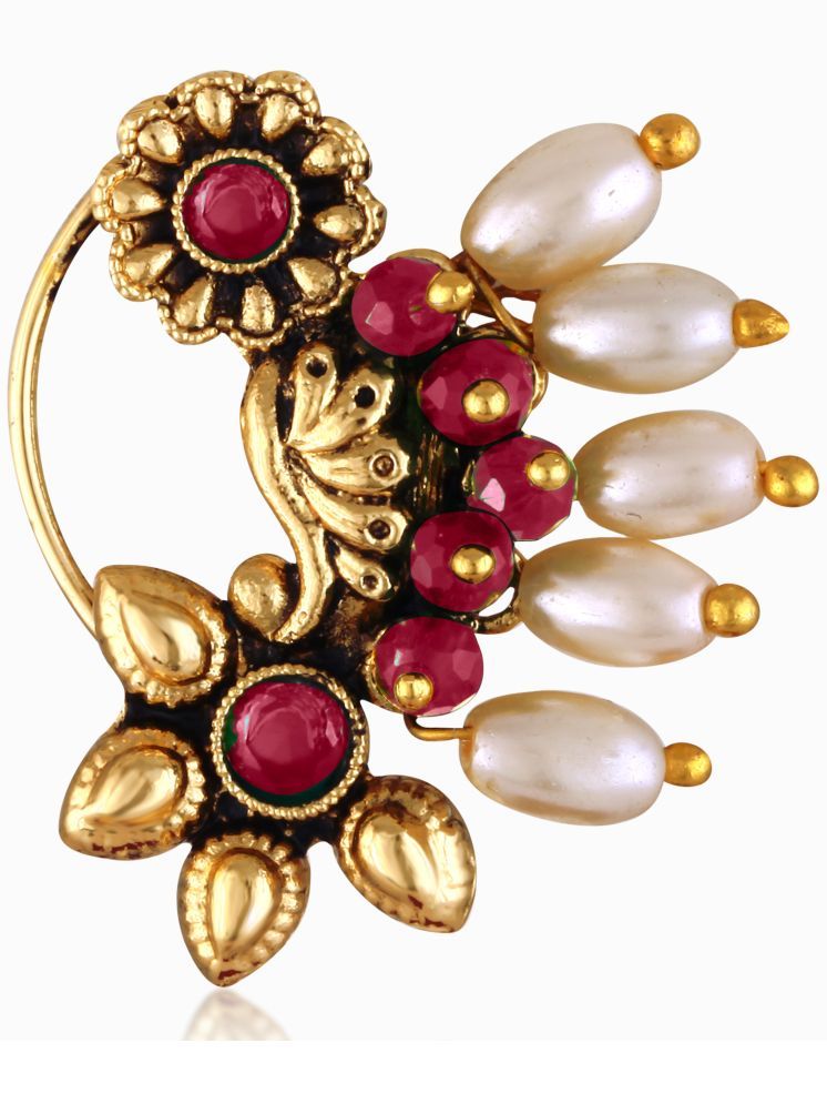     			Vivastri's Premium & Unique "Coloured Pearl" Red Coloured Rice Pearl Beaded gold Nath Collection-VIVA1297NTH-PRESS-RED