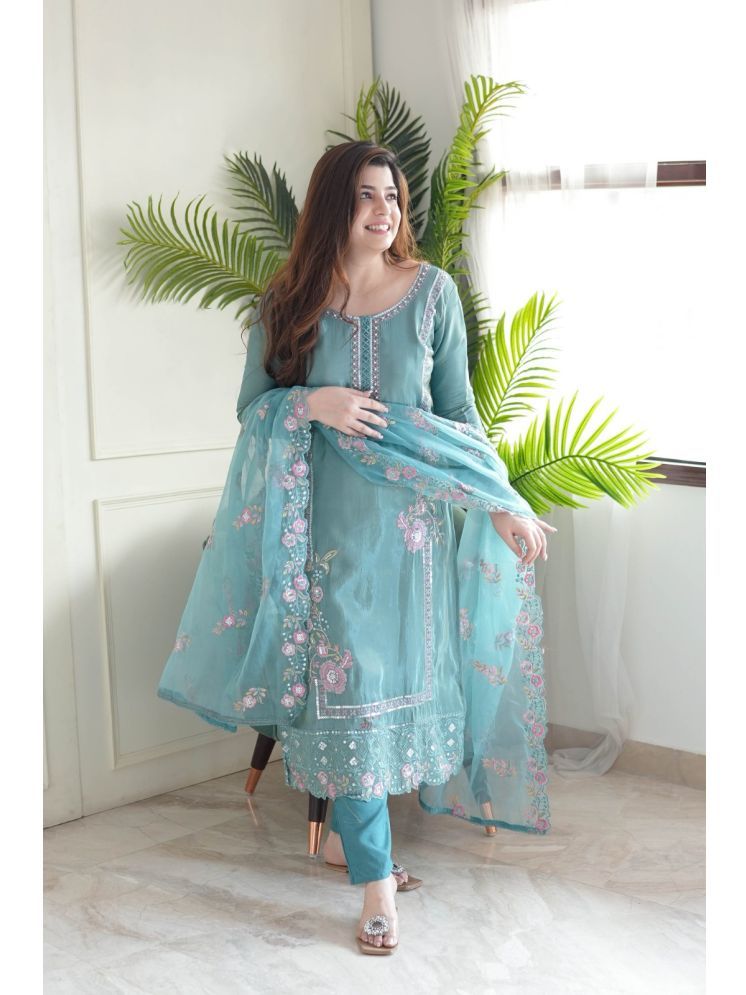     			Vividvibe Chiffon Embroidered Kurti With Pants Women's Stitched Salwar Suit - Light Blue ( Pack of 1 )