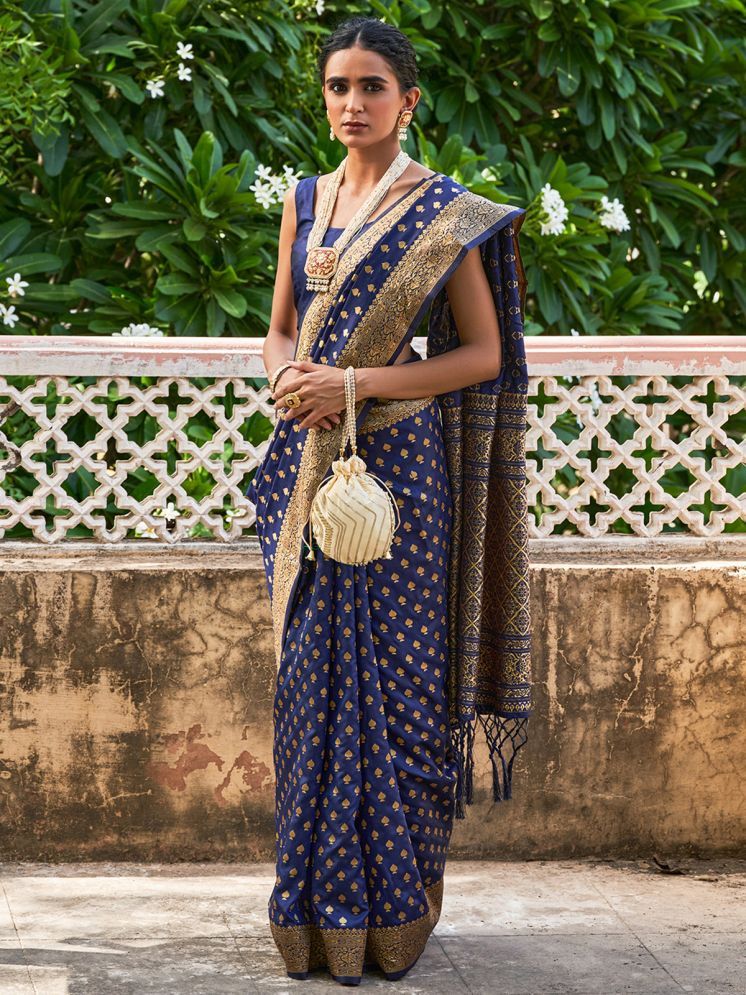     			Janasya Pack of 1 Banarasi Silk Woven Saree With Blouse Piece ( Navy Blue )