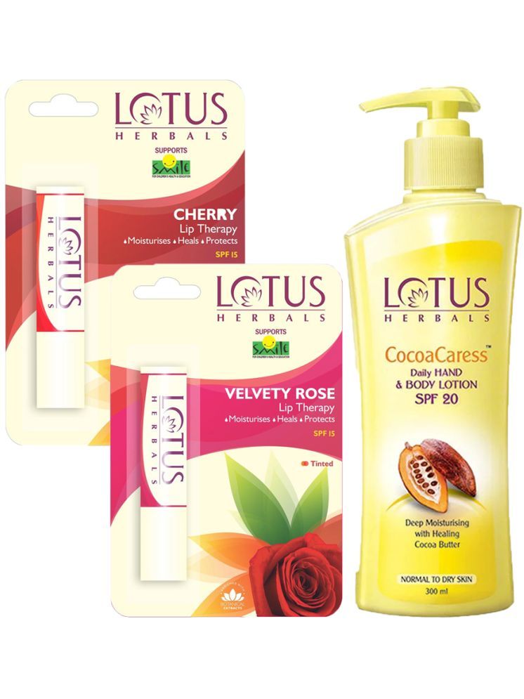     			Lotus Herbals Winter Kit Cocoacaress Body Lotion 250ml , Cherry 3.5g , Velvety Rose 3.5g (Pack of 3)