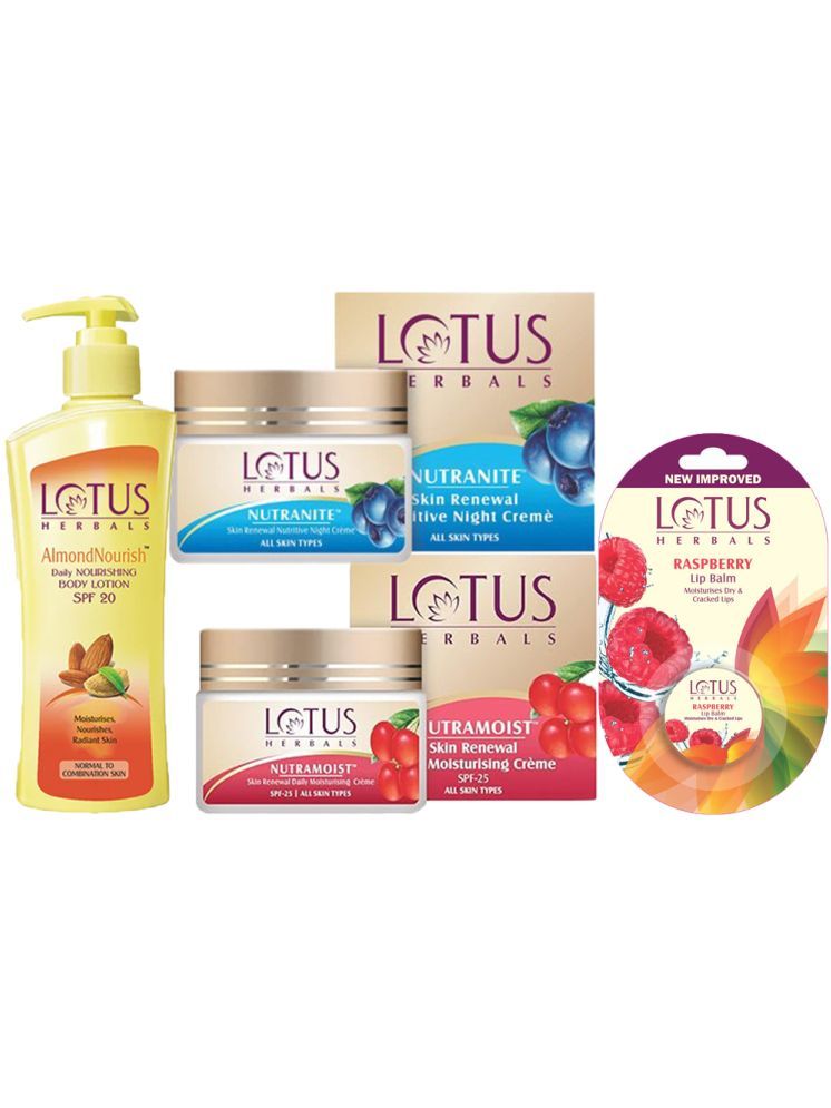     			Lotus Herbals Winter Nutramoist 50g ,Nutranite 50g , Almondnourish Body Lotion 250ml ,Raspberry 5g (Pack of 4)