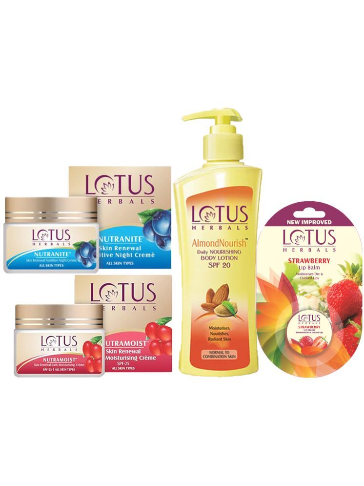     			Lotus Herbals Winter Nutramoist 50g ,Nutranite 50g ,Almondnourish Body Lotion 250ml ,Strawberry 5g (Pack of 4)