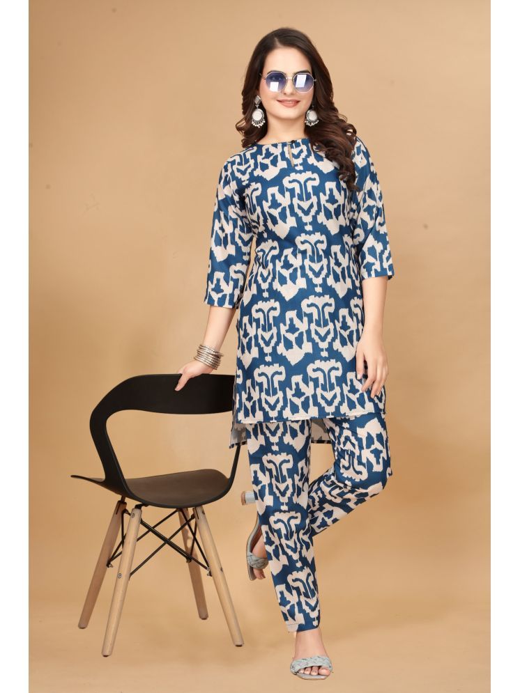     			Nirja Fab Cotton Blend Printed Kurti With Pants Women's Stitched Salwar Suit - Blue ( Pack of 1 )