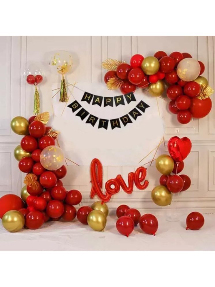     			PartyBooms Happy Birthday Black Banner, 1 Red Love Foil Balloon, 1 Red Heart Foil 5 pcs Confetti Balloons, 25 pcs Red, & 10 Gold Metalic Balloons (Pack of 43)