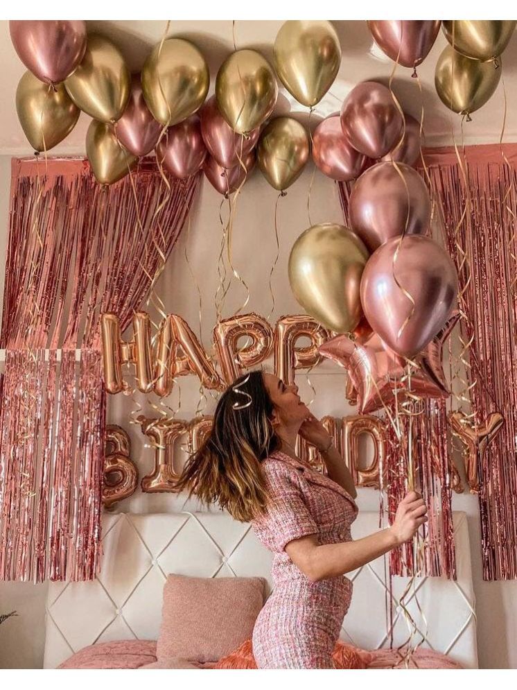     			PartyBooms Happy Birthday RoseGold Foil Banner, 1 Rosegold Star 2 RoseGold Curtains Balloon, 30 Gold, Rosegold Metalic Balloons (Pack of 33)