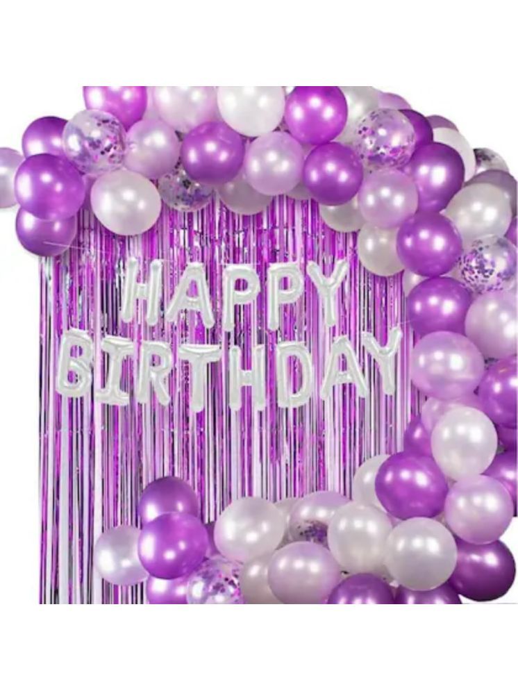     			PartyBooms Happy Birthday Silver Foil Banner, 2 Purple Curtains 5 pcs Confetti Balloons, 15 pcs Each Purple, SIlver, White Metalic Balloons (Pack of 53)