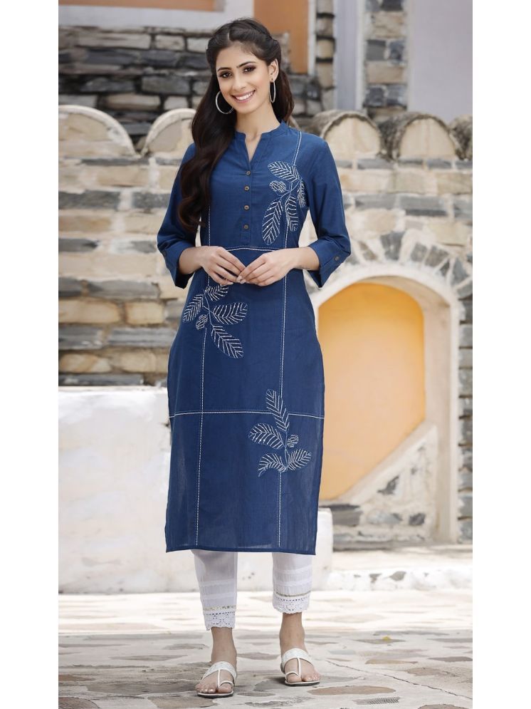     			Kurta Pack of 1 Cotton Embroidered Straight Women's Kurti - ( Blue )