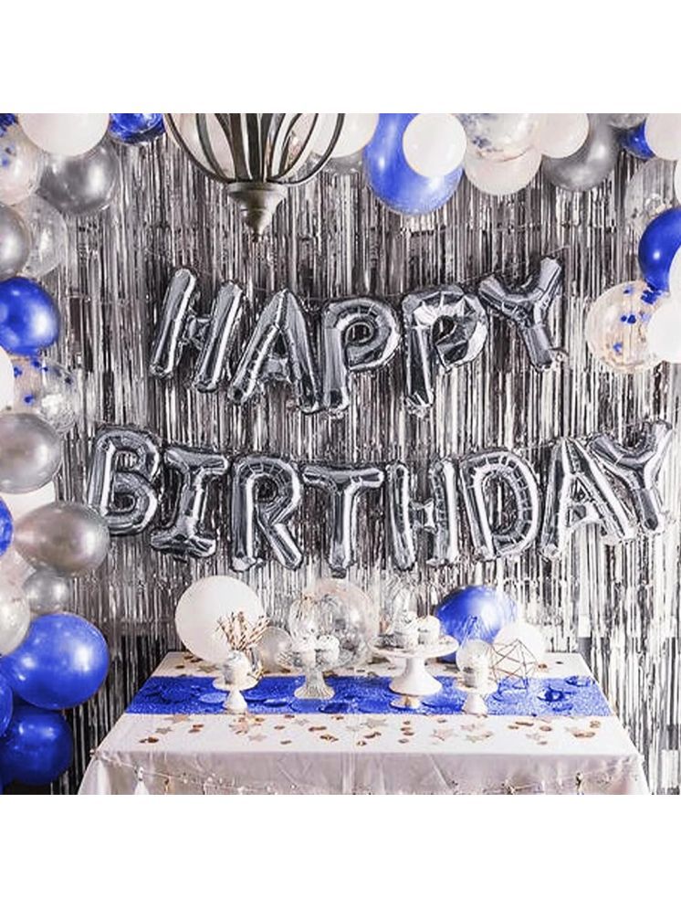     			PartyBooms Happy Birthday Silver Foil Banner, 2 Silver Curtains, 30 Blue, White, SIlver & 5 Confetti Balloons (Pack of 38) (Silver)