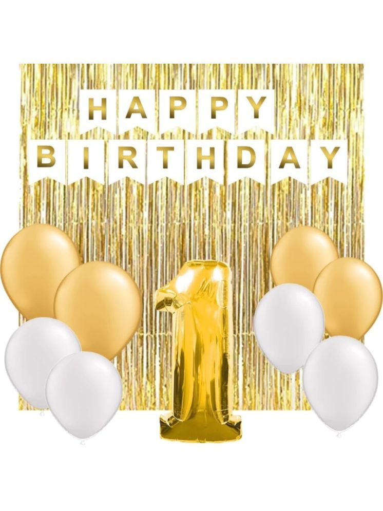     			PartyBooms Happy Birthday White Banner, 1 Number Gold Foil Number 2 Gold Curtains, 20 Gold, White Metalic Balloons (Pack of 43)