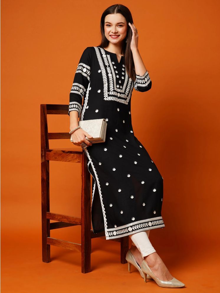     			anushansa Pack of 1 Rayon Embroidered Straight Women's Kurti - ( Black )