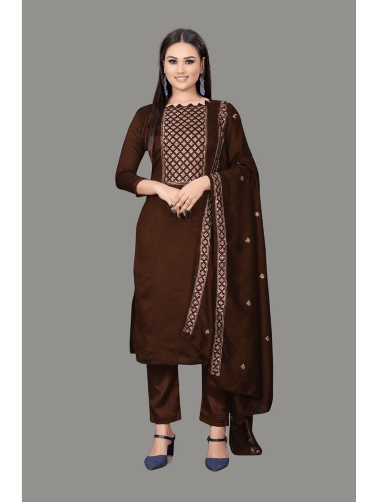     			Apnisha Unstitched Silk Embroidered Dress Material - Brown ( Pack of 1 )